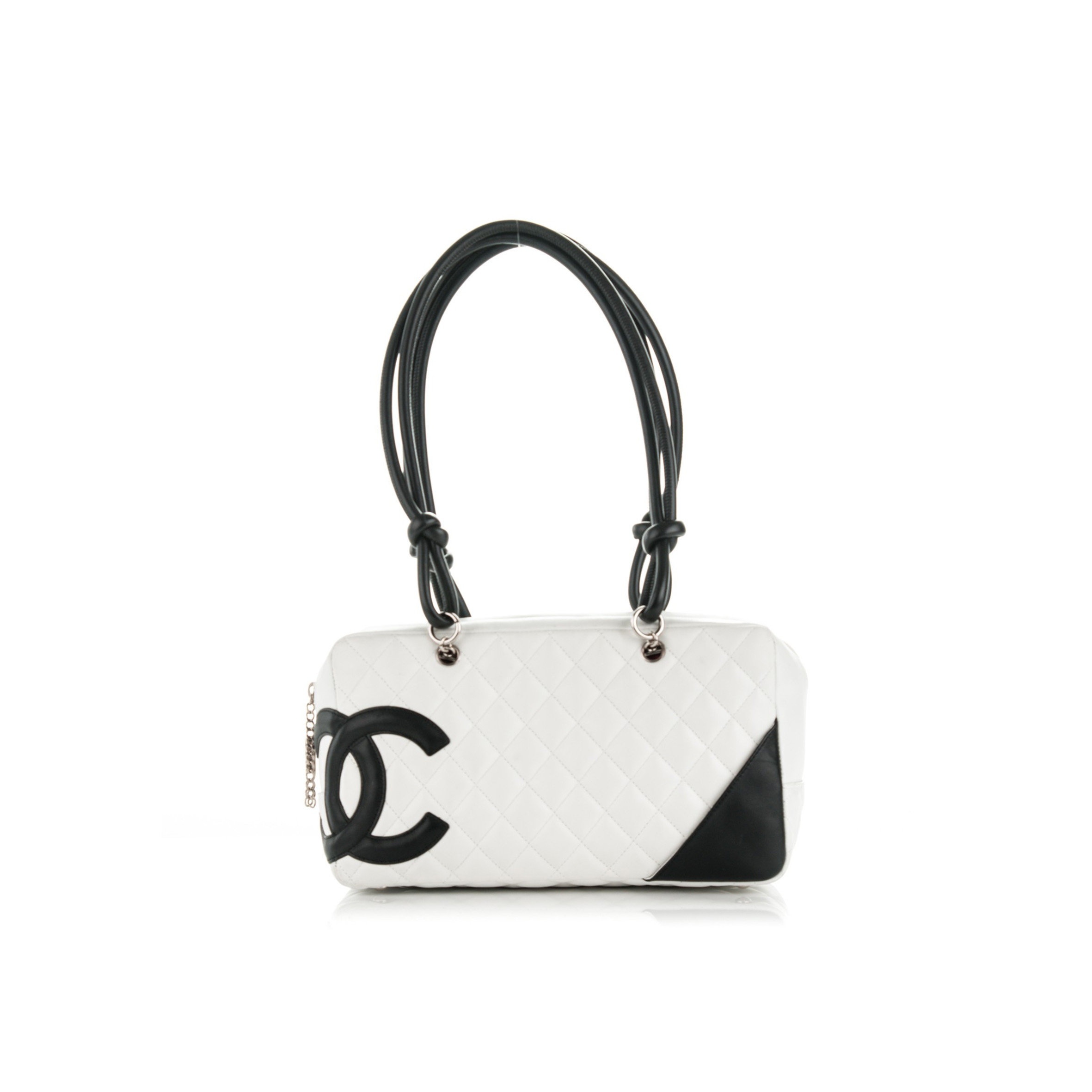 Ch*el calfskin quilted large cambon bowler white black 177008 (27*15*10cm)